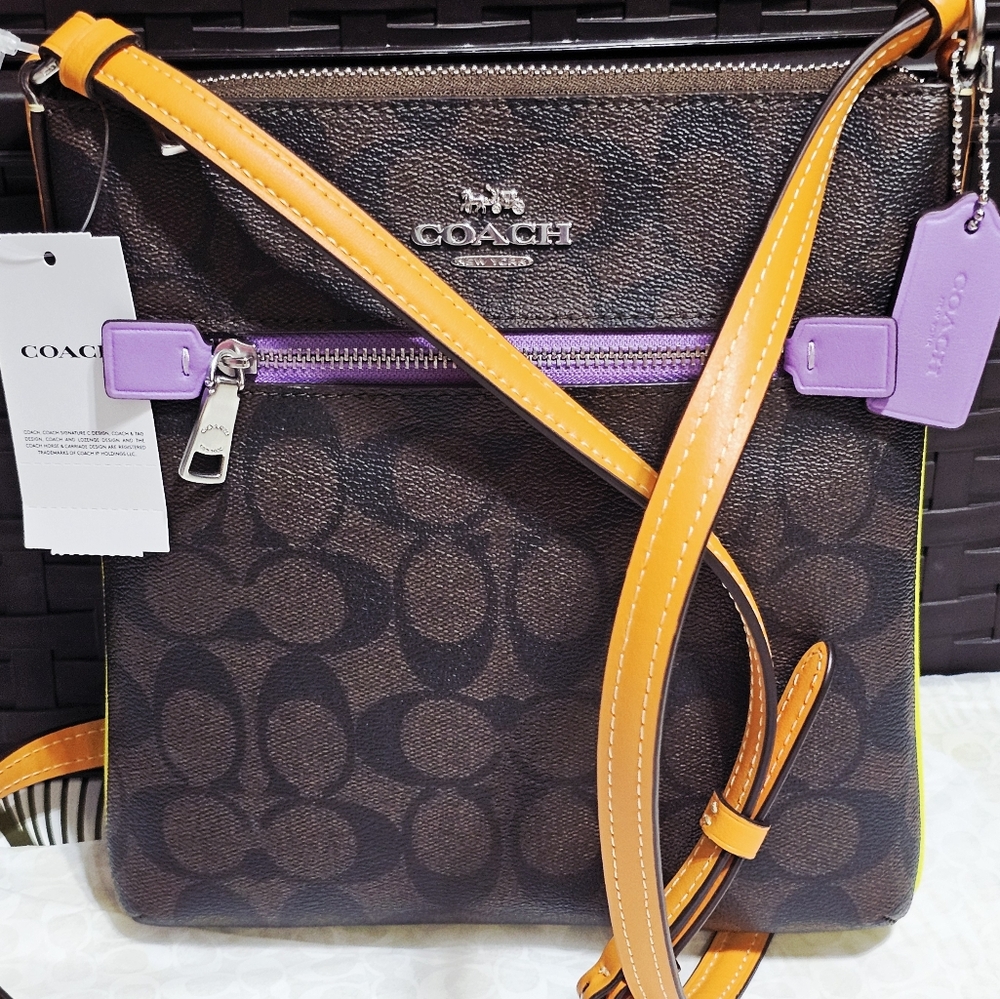 Coach CL671 Mini Rowan File Bag Sig C Brown Purple Orange Yellow Neon NEW - Picture 12 of 16